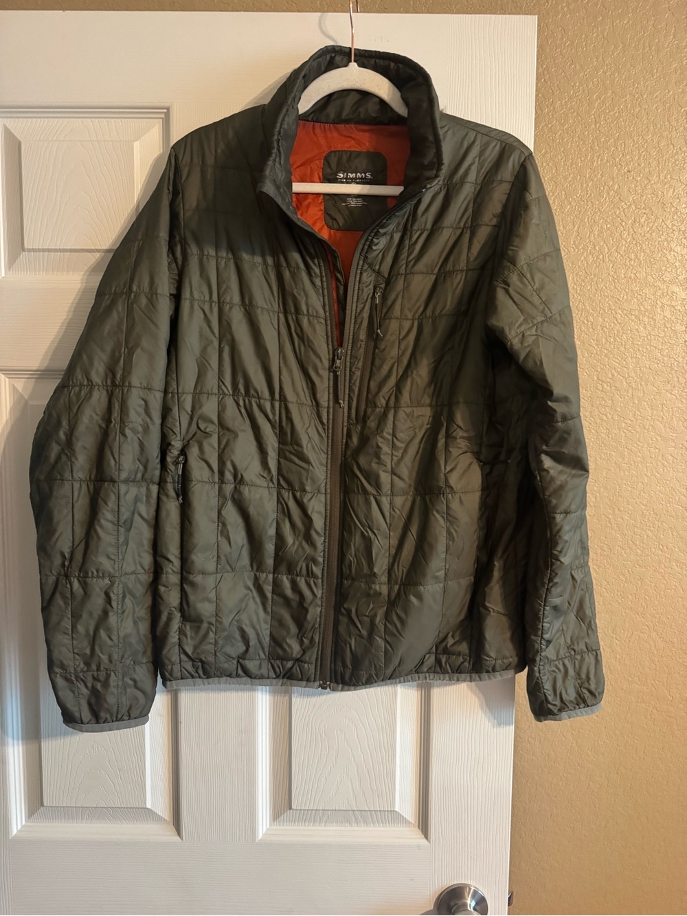 Simms Men's PrimaLoft Quilted Puffer Jacket in Olive with Orange Lining